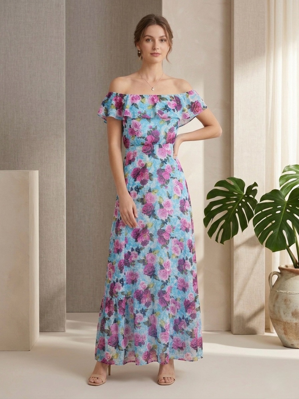 Betsey Johnson - Blue Floral Off-Shoulder Maxi Dress